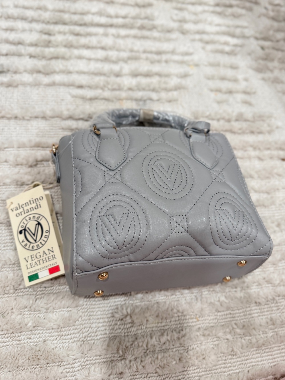 Valentino Orlandi Light Gray Quilted Vegan Leather Satchel with Gold Hardware